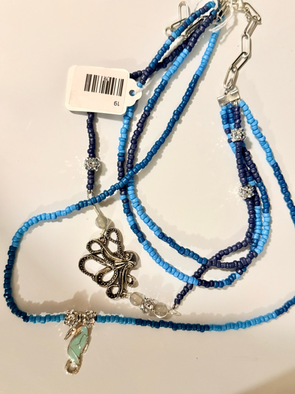 Blue Multi-Strand Beaded Necklace with Octopus and Seahorse Charm